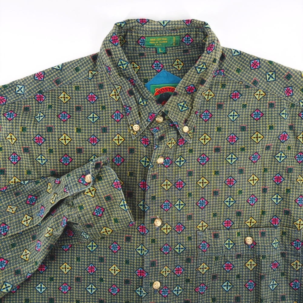 VTG Boston Traders Shirt Large Geometric Print Houndstooth Button Down Green